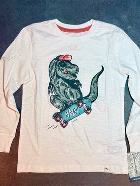 Tommy Bahama Dino Boy Skateboard Graphic Tee Top Oatmeal Long Sleeve Shirt 5T